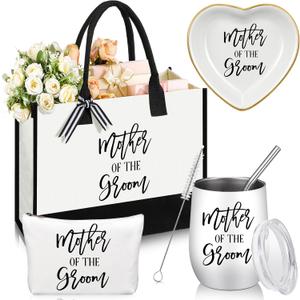 FoldTier 4 Pieces Mother of the Groom Gifts for Wedding Including Canvas Tote Bag for Mother of the Groom with Makeup Bag Tumbler Cup Jewelry Tray Bridal Ring Holder