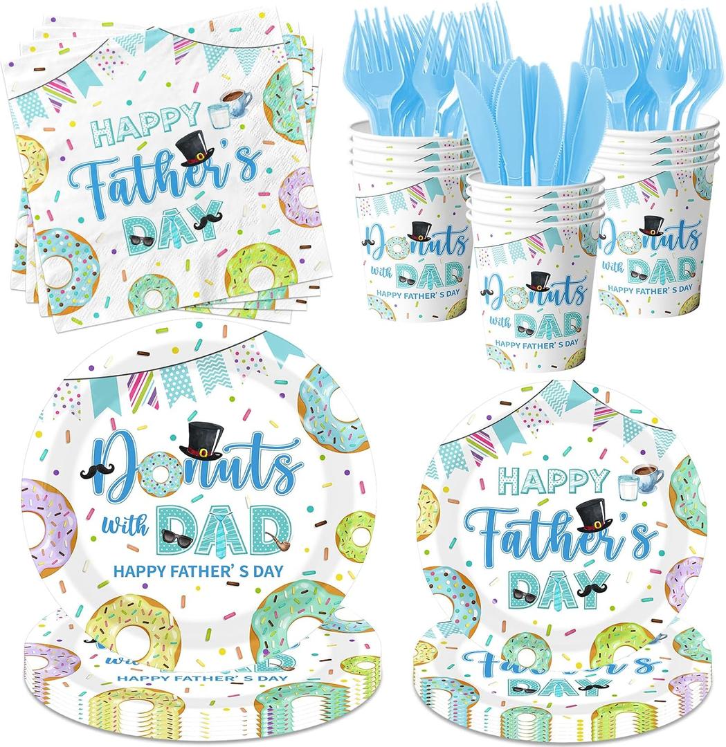 144 Pcs Fathers Day Plates and Napkins Set,Disposable Donuts Cookout Tableware includes Paper Plates,Cocktail Napkins and Cups - Happy Dad Party Theme Decorations Supplies Serve 24Guests