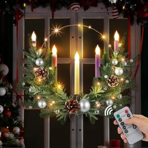 1 Set Advent Wreath with 5 Flameless Candle (Pink Purple White) and Timer Remote Control, 1 Advent Wreath Candle Holder, 1 LED Strings for Holiday Party Decor(Pine Cone, 20 Inch)