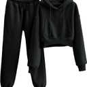 LTSCNRM Women's 2 Piece Airport Outfits Fleece Crop Hoodies Pullover Sweatshirt Sweatsuits Joggers Pants Pockets (Large, Black)