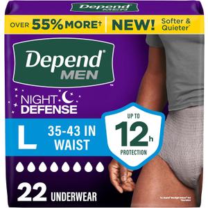 Depend Night Defense Adult Diapers, Incontinence Underwear for Men, Disposable, Overnight, Large, Grey, 22 Count