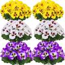 ASTRYAS 12 Bundles Artificial Fake Pansy Flowers for Outdoor, Faux UV Resistant Silk Pansies Flowers for Outside Planter Front Door Porch Yard Patio Window Box Home Decor (White/Purple/Yellow)