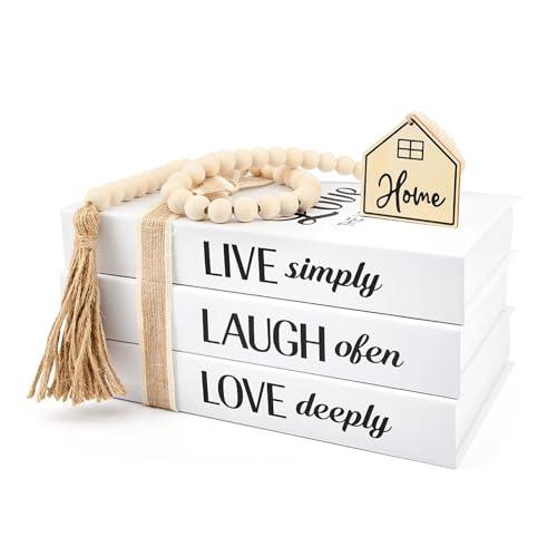 3Pcs Decorative Faux Books, Coffee Table Fake Decorative Stacked Book with Wood Tasseled Beads Home Faux Books Aesthetic Display for Fireplace, Entryway, Shelf, Living Room(Color:White、Beige)