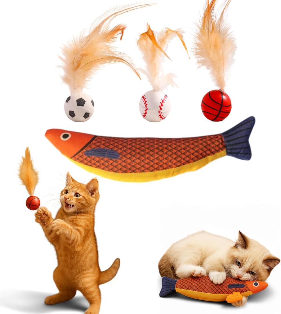 Cat Bouncy Ball with Feather and Catnip Fish Toy set, Soft Cat Toys Fish Shaped Catnips Toys, Interactive Chew Catnip Kicker Toy With Crinkle Sound, Feather Ball For Indoor Cats Kitten (Sport)