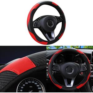 Car Steering Wheel Cover, 15 inch Carbon Fiber Microfiber Anti-Slip Breathable PU Leather Elastic Steering Wheel Protector, Car Interior Accessories for Most Cars (Red)