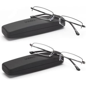 DOUBLETAKE Reading Glasses - 2 Pairs Compact Case Semi Rimless Readers (Black) +2.25