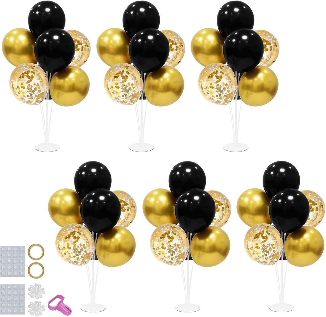 6 Set Balloon Stand with Balloons, Black and Gold Party Decorations, Birthday Graduation Retirement Father's Day Halloween New Years Decorations 2025