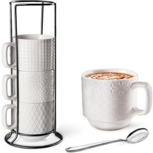 Large Coffee Mug Set of 4 with Stand and Spoons – 14oz Heavy Duty Ceramic Cups for Breakfast Coffee, Hot Drinks, Cocoa – Microwave & Dishwasher Safe – Big Porcelain Mugs Gift for Home Use