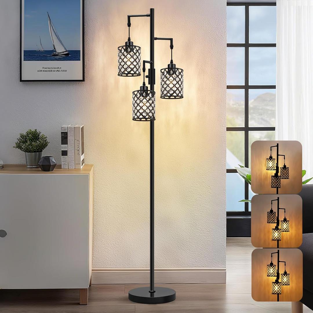 GyroVu Crystal Floor Lamps for Living Room, 3-Light Black Floor Lamp, Standing Tall Lamp with Elegant K9 Crystal Shade & Rotary Switch, Modern Corner Floor Lamp for Bedroom, Home Office, Reading