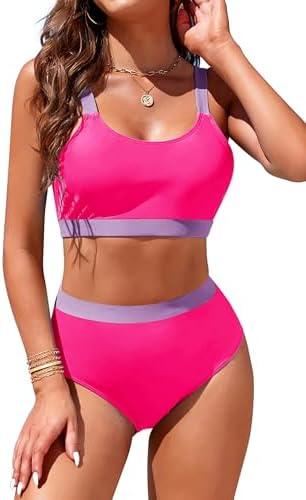 Womens High Waisted Bikini Sets Sporty Crop Top Color Block Swimwear Bandeau Scoop Neck Vintage Two Piece Bathing Suits Size XL