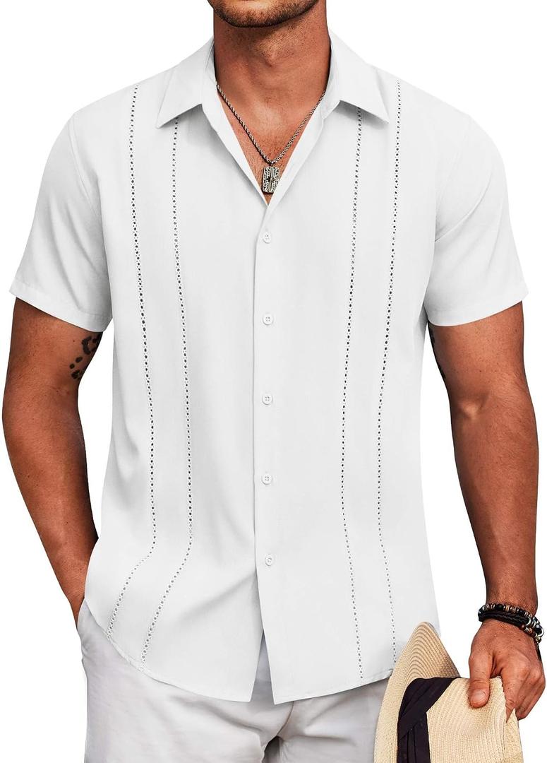 COOFANDY Mens Cuban Guayabera Shirt Short Sleeve Button Down Shirts Summer Beach Vacation Shirts (White, L)