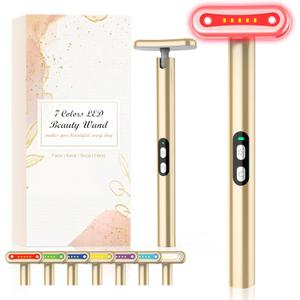 Fxtiaa Red-Light-Therapy-Wand-for-Face, 7 Colors LED Light Therapy Wand Eye Facial Red & Blue Rejuvenation Tool, Face Massager, Golden