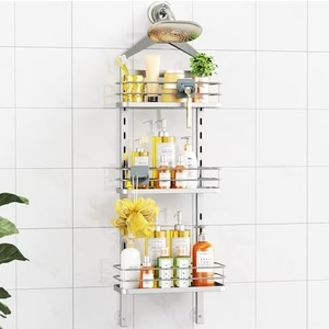3 Tier Height-Adjustable Shower Caddy Hanging Anti-Swing-Over The Shower Head Caddy-Storage Organizer Bathroom Shelves Basket-Silver