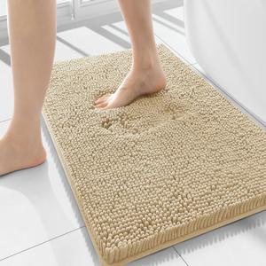 Smiry Luxury Chenille Bathroom Rugs 34x21, Extra Soft and Absorbent Shaggy Bath Mat, Machine Washable, Non-Slip Plush Carpet Runner for Tub, Shower, and Floor, Home Decor Accessories, Beige