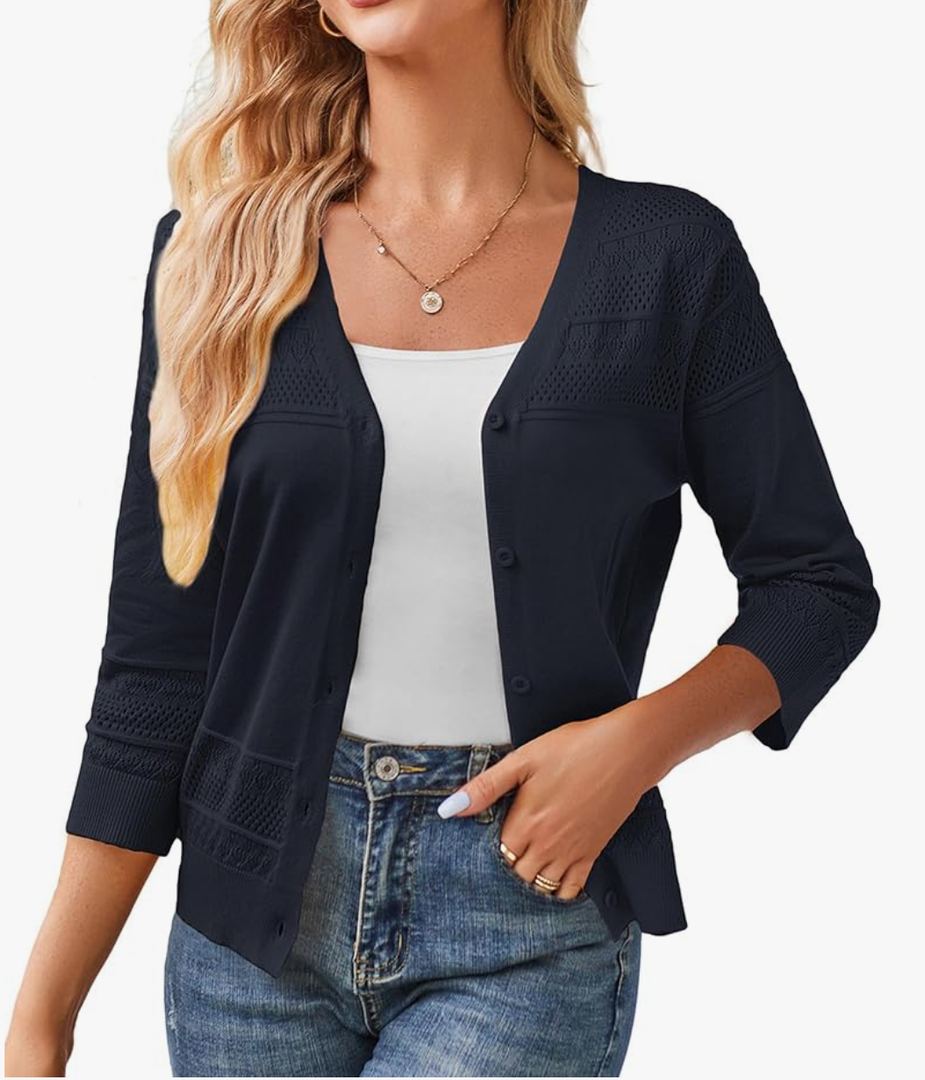 GRACE KARIN Women's 2025 Cropped Cardigan 3/4 Sleeve Lightweight Crochet Shrug Hollowed-Out Knit Sweater Tops XL