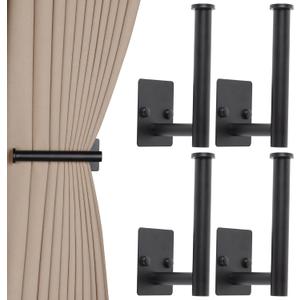 OCIOLI 4 Pack No Drill Curtain Holdbacks - Self-Adhesive/Screw-in Metal Curtain Tie Backs with Rustproof SUS304 Steel, Wall Mount Drapery Hooks, Damage-Free Installation for All Curtains (4, Black)