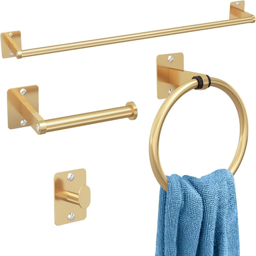Bathroom Accessories Set, KLJKPA 4 Pieces Gold Bathroom Hardware Set, 24 inch Towel Bar, Towel Racks for Bathroom, Robe Towel Hooks, Toilet Paper Holder Wall Mounted