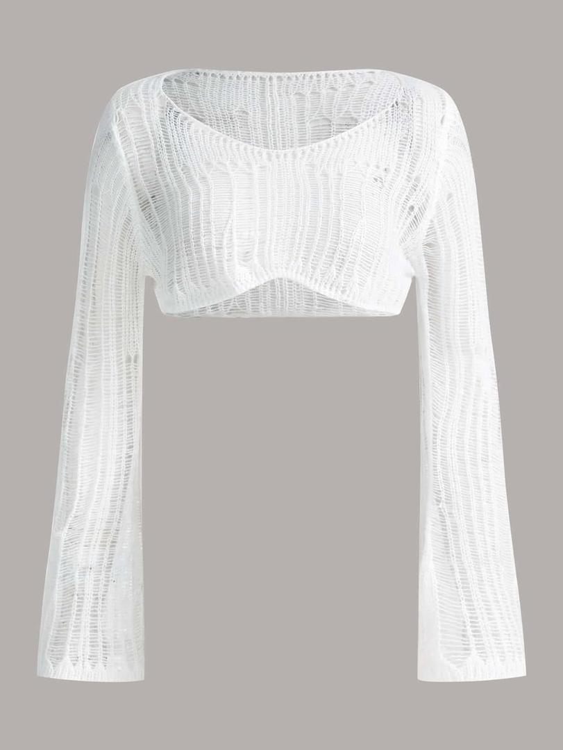 Verdusa Women's Hollow Out Sheer Long Sleeve Sweater Knit Crop Pullover Top, Size: X-Small