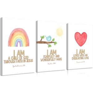 3Pcs Nursery Bible Verse Canvas Wall Art Colorful Rainbow Motivational Affirmation Wall Decor Pictures Christian Kids Scripture Introduction Posters Prints for Kids Room Nursery Home Decoration