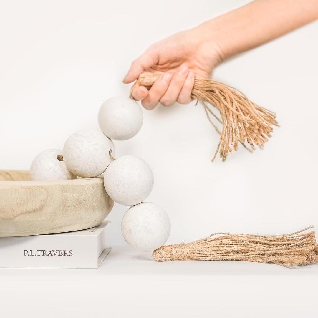 Extra Large Wood Bead Garland with 2" Diameter Wooden Beads, Wooden Beads Garland with Tassels, Decorative Beads for Farmhouse Decor (Rustic White, 48 Inches)