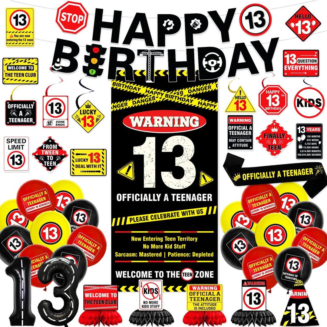 13th Birthday Decorations for Boys, Caution Happy 13th Birthday Party Supplies Decor with Backdrop, Banner, Balloons, Centerpieces, Hanging Swirls, Wall Signs, Sash, Hat