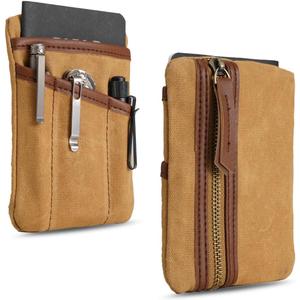 SP4 Waxed Canvas Compact EDC Pocket Organizer, Zippered Pocket Pouch for Men, Mini EDC Organizer for Change, Notebook, Tactical Pen, Flashlight (Oil Wax Brown)