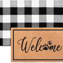 2-Piece Layered Welcome Mat Set - Coir Doormat & Buffalo Plaid Rug | Dog Paws Coir Doormat & Black White Buffalo Plaid Outdoor Rug, Non-Slip Farmhouse Entryway Front Porch Decor
