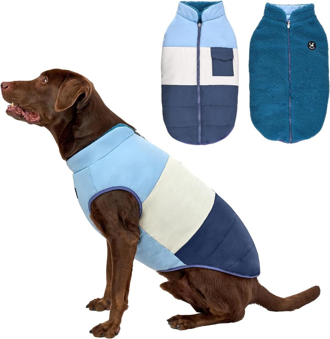 Reversible Dog Winter Coat, Waterproof Warm Fleece Sweater Windproof Lightweight Pet Snow Jacket for Medium Large Dogs with Double Ended Zipper, Cold Weather Dog Coat,Blue,M (M (Neck 15.716.5", Chest 24.425.2"))