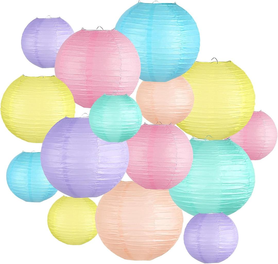 Pastel Paper Lanterns Decorative, Classroom Decor Macaron-Color Neon Hanging Paper Lantern Decorations for Easter Party Decorations, Baby Shower Wedding Birthday Mother's Day, 15Pcs