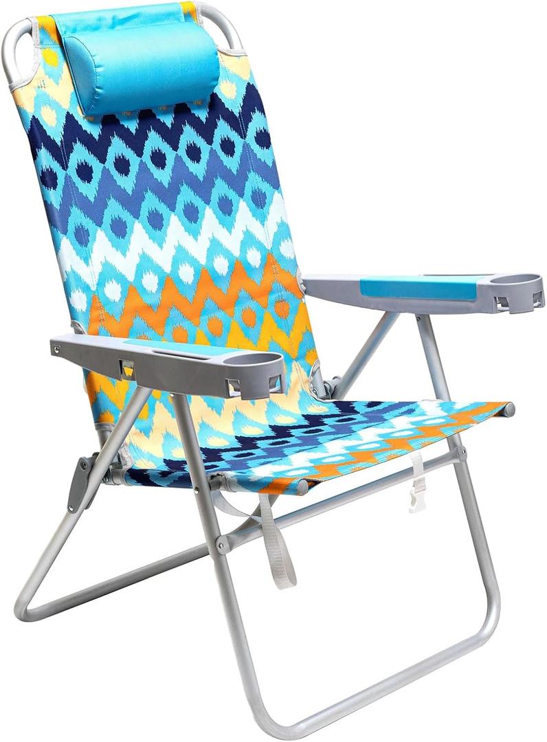 SunnyFeel Tall Beach Chair for Adults with Armrest Cup Holder - Extra Wide 28" 5-Position Reclining Backpack Beach Chair with Pillow,Lightweight Portable Tall Camping Chair for Camp/Sand Travel (Wave)