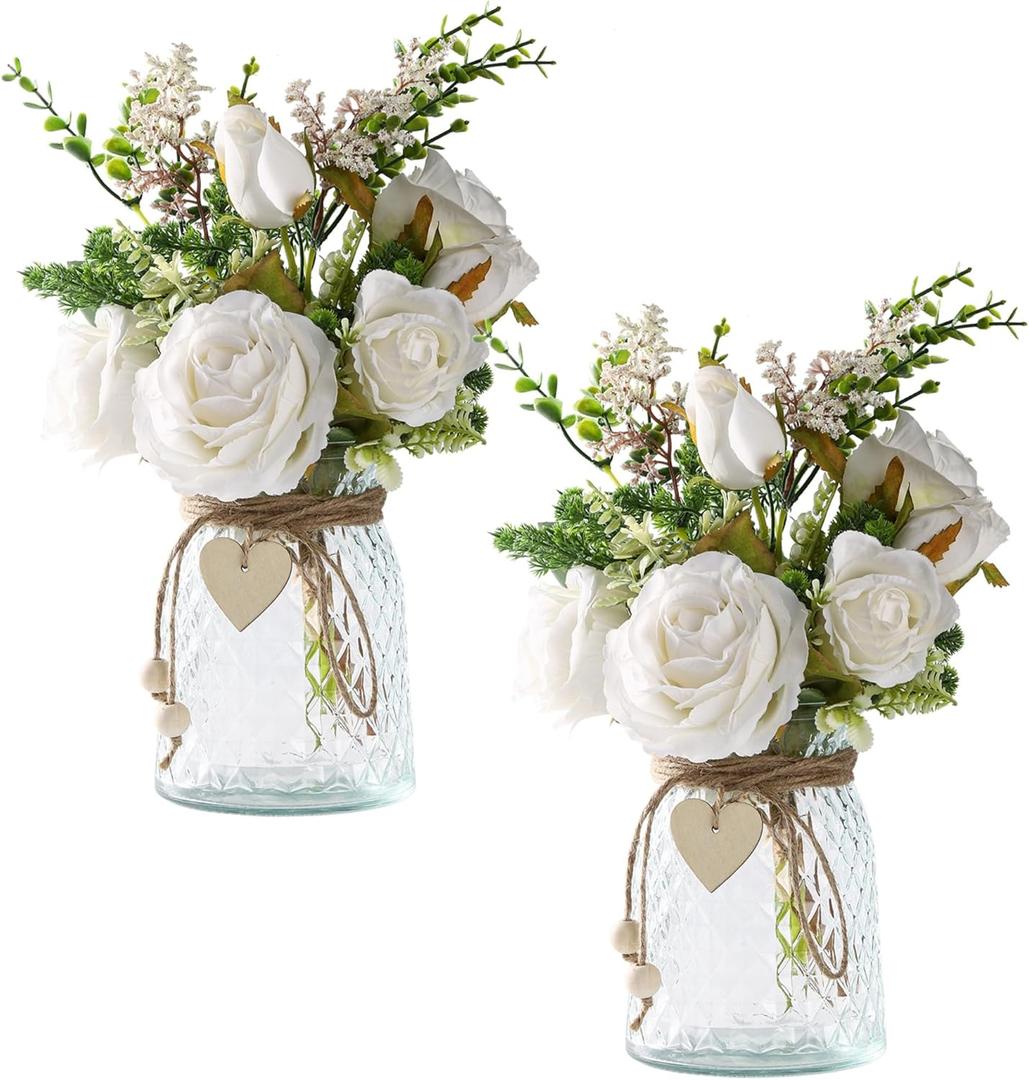 Flojery 2 Packs Faux Flowers in vase,Fake Flowers with Vase, Artificial Silk Roses in Vase, Artificial Flowers in Vase, Faux Flower Arrangement with Vase for Farmhouse (White with vase)