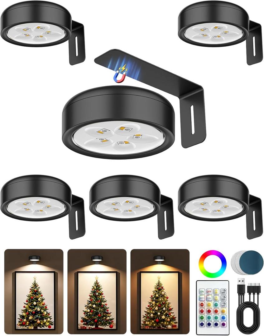 Picture Lights for Wall, Wireless 2000mAh Rechargeable Magnetic LED Puck Lights with Remote,3 Color Temps and 12 RGB, Dimming & Timer, Art Frame Light for Painting Display, Photos, Wall Decor(6 Pack) (Black)