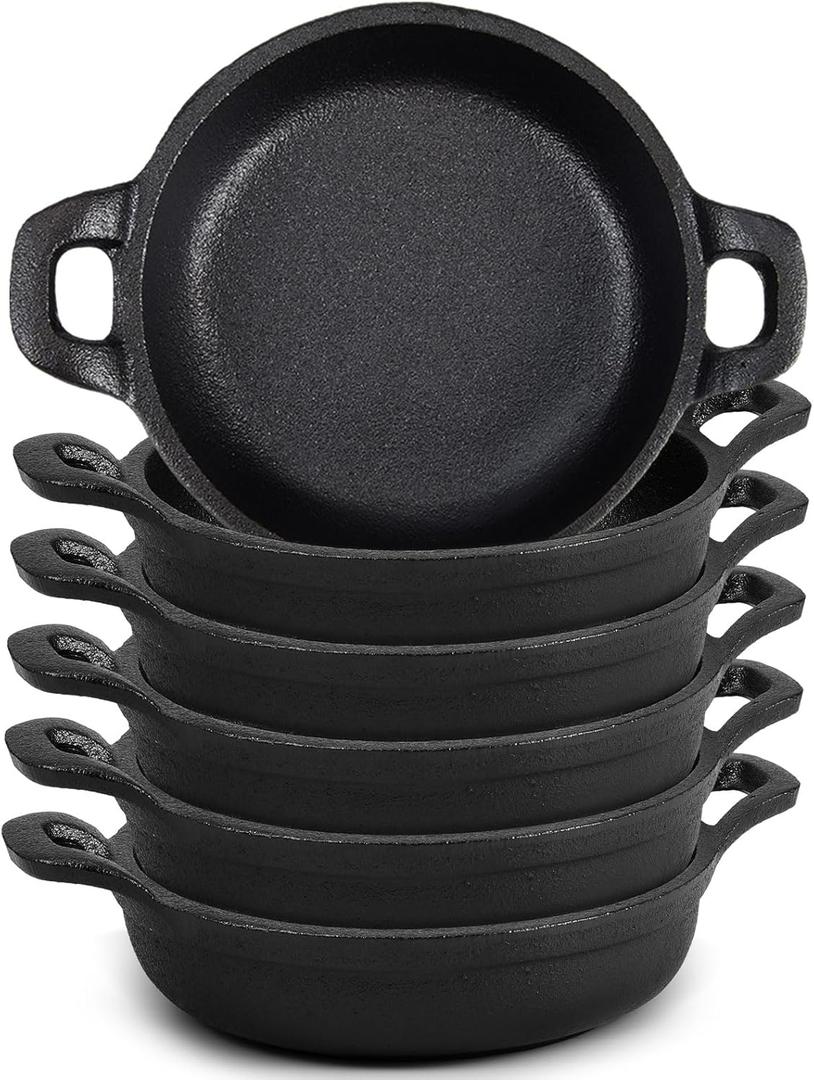 Mini Cast Iron Skillets 5 x 5 x 1.3 Inch Cast Iron Pan Small Ramekin Set Black Casserole Dish Cookware Oven Safe Mini Skillets for Kitchen Indoor Outdoor Picnic (6 Pack)