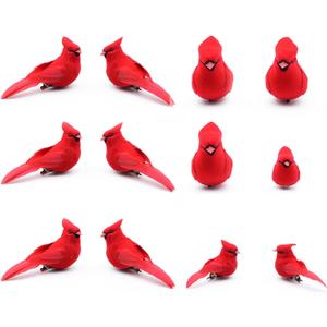 12pcs Cardinal Decor Red Cardinals Bird Clip on Christmas Tree Ornament Artificial Feathered Fake Birds Ornament for Home Decoration, Wreath, Craft - YM05C
