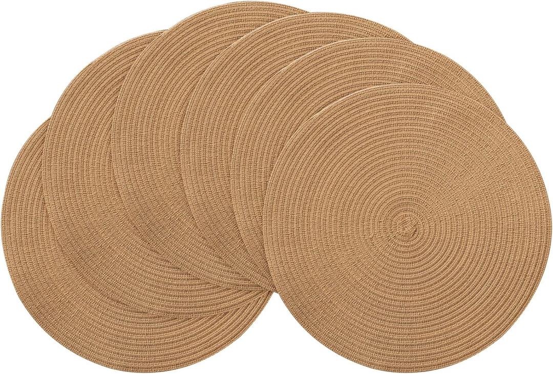 Floroom 15 Inch Round Braided Placemats Set of 6, Washable Heat Resistant Cotton Polyester Circle Place Mats for Kitchen Dining Table - Brown