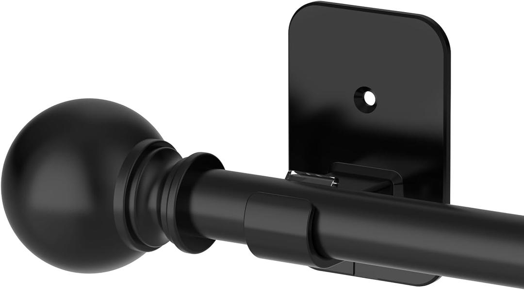 Curtain Rods No Drilling for Windows 48 to 84-90, 5/8 Inch Black Renter Friendly Adjustable Curtain Rod with 3M Adhesive Brackets