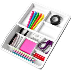 madesmart 24-Compartment Junk Drawer Organizer with Sliding Top Tray, Multi-Purpose Storage for Kitchen, Office & Bathroom Drawers, White