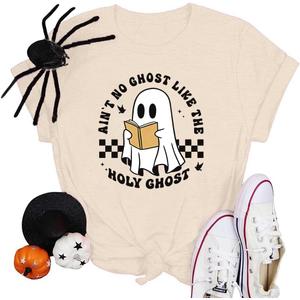 Halloween Teacher Shirts for Women Reading Books Shirt Funny Spooky Teacher Tee Halloween Party Short Sleeve Tops (L)