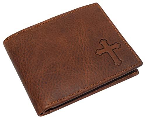 Real Genuine Leather RFID Blocking Wallets Mens Wallet Bifold Classic Engraved Logos (Cross)