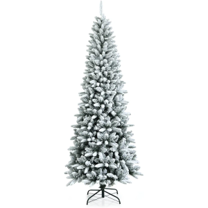 7.5Ft Snow-Flocked Artificial Christmas Tree, Hinged Pencil Slim Xmas Tree w/ 1189 Branch Tips, Folding Metal Base, Realistic Holiday Tree Decoration for Indoor and Outdoor Use