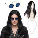 Quibark 80s Rocker Costume Accessories Set for Men – Heavy Metal Rocker Costume with Natural Curly Long Hair Wig + Gothic Cross Necklace + Blue Retro glasses for Halloween Outfit