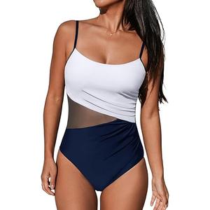 CUPSHE Women's One Piece Swimsuit Bathing Suit Scoop Neck Cutout Back Hook Color Block Mesh Swimwear M