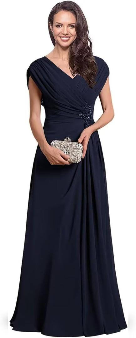 Chiffon Mother of The Bride Dresses for Wedding Long Ruched Cap Sleeve V Neck Formal Mother of The Groom Dress (18 Plus)