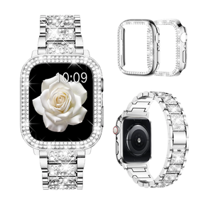 Mosonio Compatible with Apple Watch Band 38mm 40mm 41mm 42mm 44mm 45mm 46mm 49mm with 2 Pack Case Women, Jewelry Replacement Metal Bands Strap with Bling PC Protective Case for iWatch Ultra SE Series 10/9/8/7/6/5/4/3/2/1.      ( 41mm)