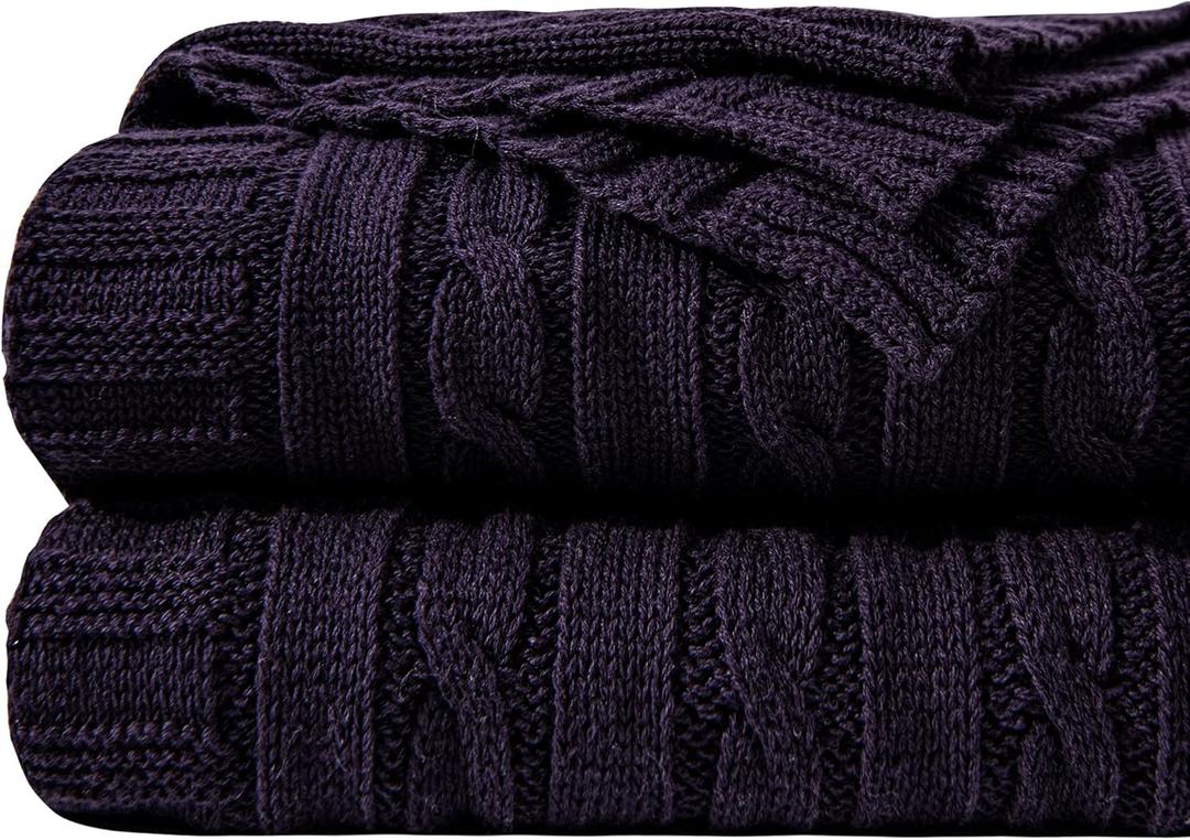 NTBAY 100% Pure Cotton Oversize (60x80) Cable Knit Throw Blanket, Super Soft Warm Knitted Blanket for Bed, Sofa, Chair, Couch - Extra Cozy, Machine Washable, Comfortable Home Decor, Eggplant Purple