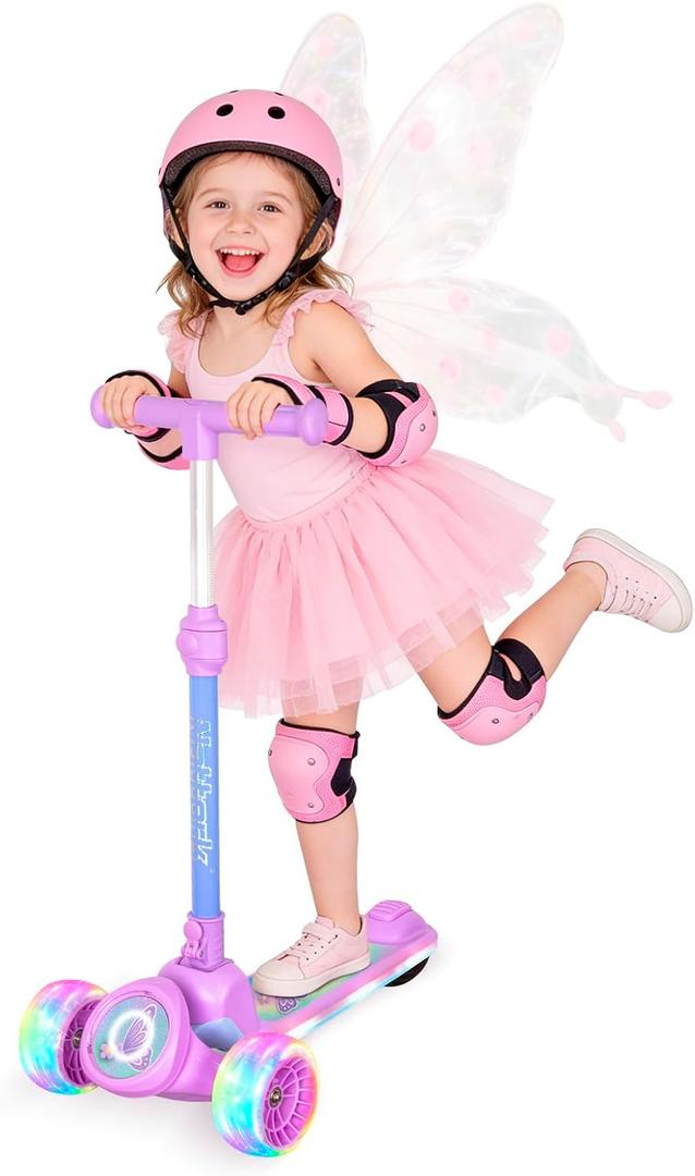 Nattork Kids Scooter for Girls with Light Up Wheels, Deck and Headlight, Wide Anti-Slip Deck and T-bar Handle with Rear Foot Brake, Adjustable Height 3 Wheel Scooter for Kids Ages 3+ and up to 220Lbs