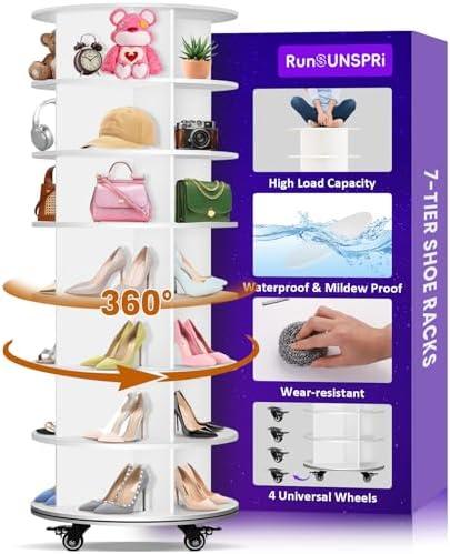 7 Tier Rotating Shoe Rack with 4 Universal Wheels, 360° Revolving Free Standing Shoe Organizer, Multifunctional Storage Revolving Shoe Rack Tower, Spinning Shoe Racks Display Lazy Susan Equipped