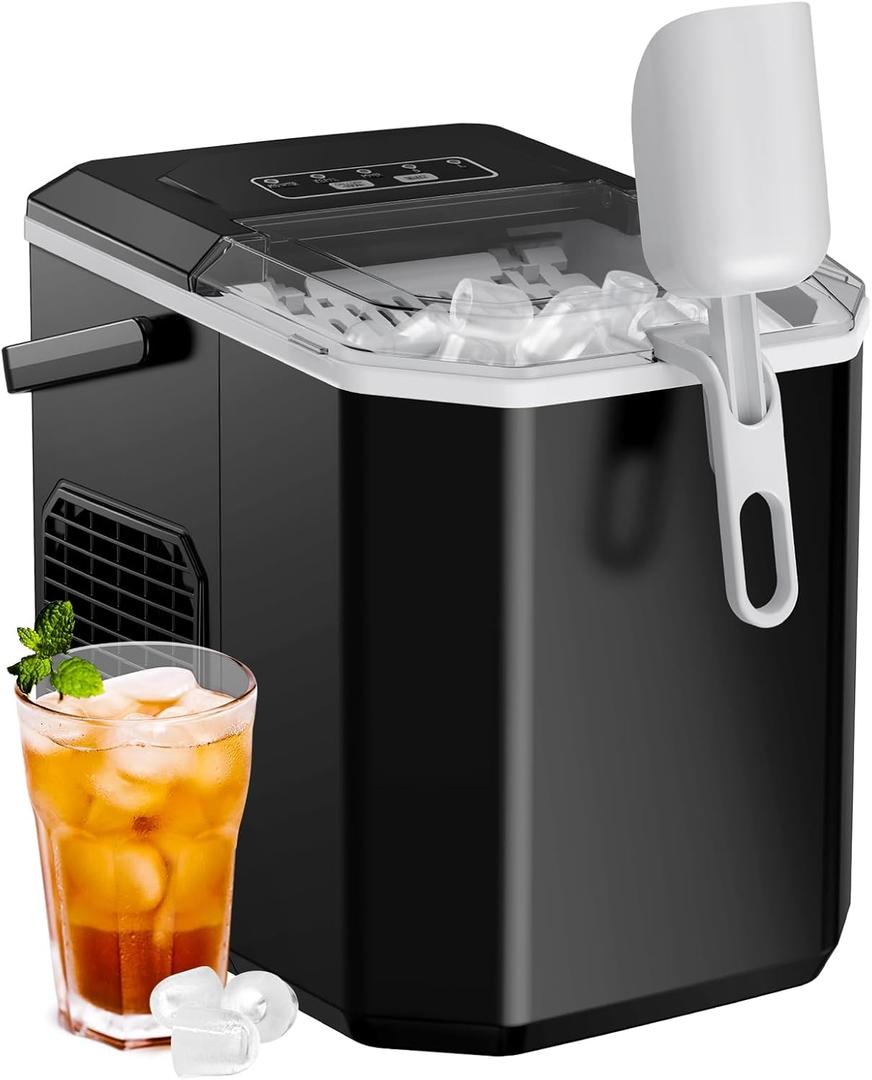 Silonn Ice Maker Countertop, Portable Ice Machine with Carry Handle, Self-Cleaning Ice Makers with Basket and Scoop, 9 Cubes in 6 Mins, 26 lbs per Day, Ideal for Home, Kitchen, Camping, RV (Black)