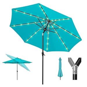 Tempera 9ft Patio LED Umbrella with light | Solar Outdoor Umbrella | Market Table Parasol with Push Button Tilt and Crank, with Sturdy Pole&Fade resistant canopy, Easy to set