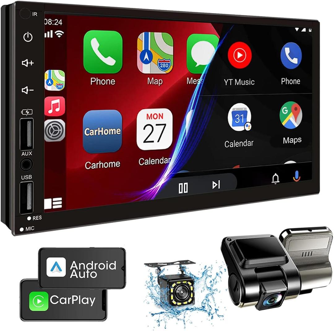 Leadfan Double Din Car Stereo with Dash Cam, Support Apple Carplay and Android Auto, 7INCuH Fll HD Touchscreen Car Audio Receivers Double Din Radio with Bluetooth, Camera, FM/2 USB/AUX/Subwoofer/SWC